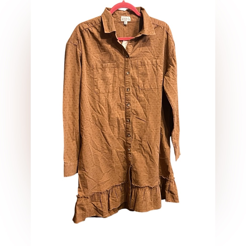 Wonderfuly Light Brown Button Down Blouse Dress with Ruffle